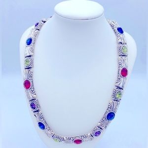 Vintage Carved Silver Tone Hinged Necklace With Multi Colored Rhinestones 80s